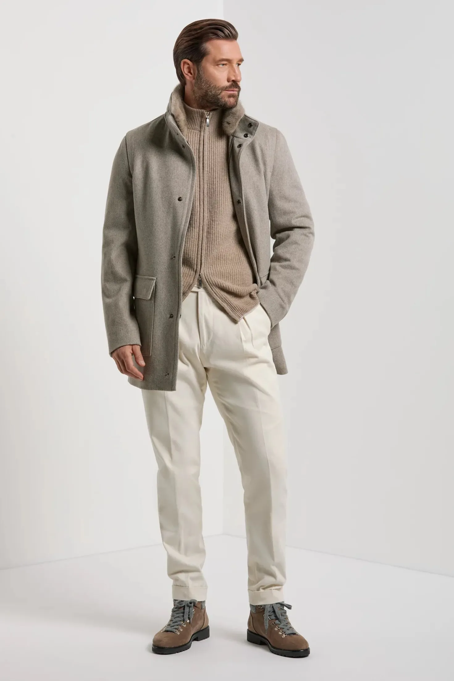 Manteau taupe clair à col en vison - Made in Italy