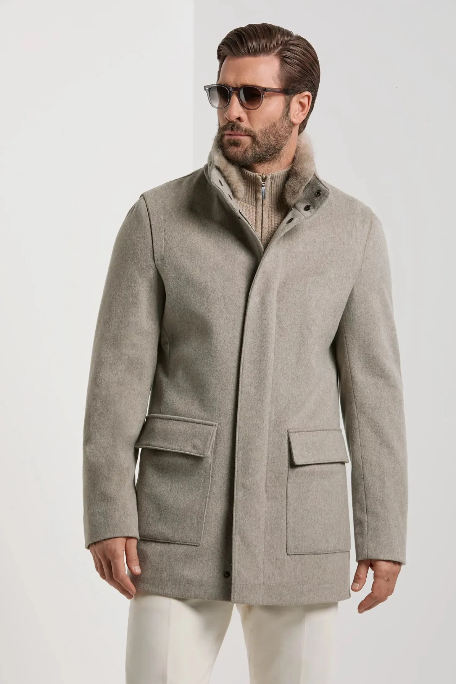 Manteau taupe clair à col en vison - Made in Italy