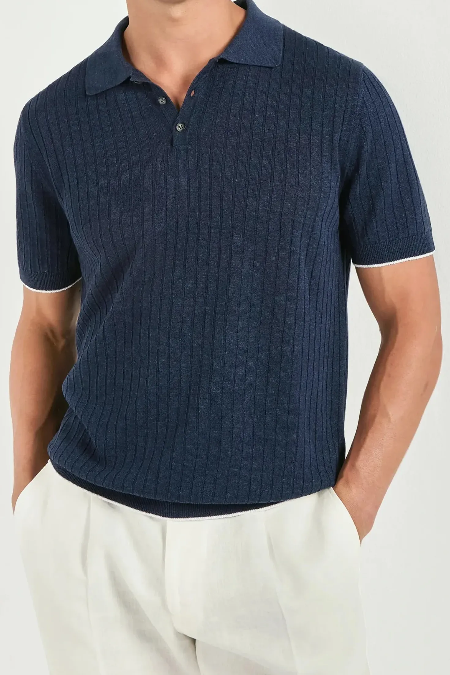 Polo côtelé en coton et lin bleu - Made in Italy
