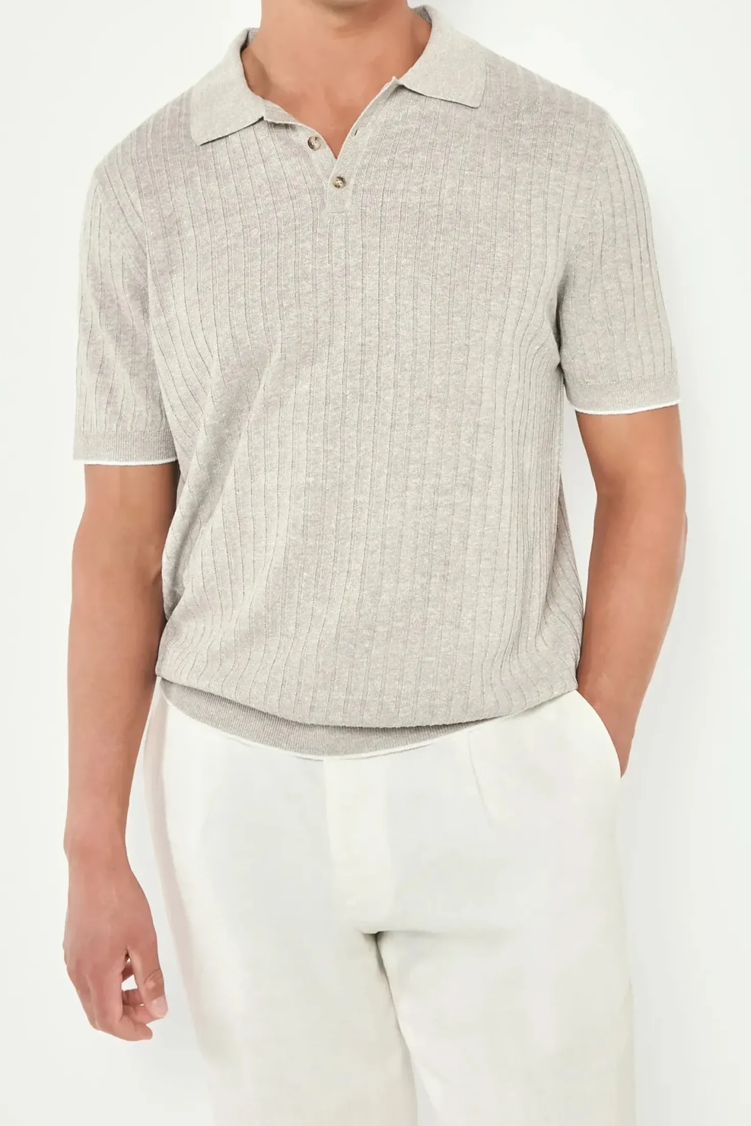 Polo côtelé en coton et lin écru - Made in Italy
