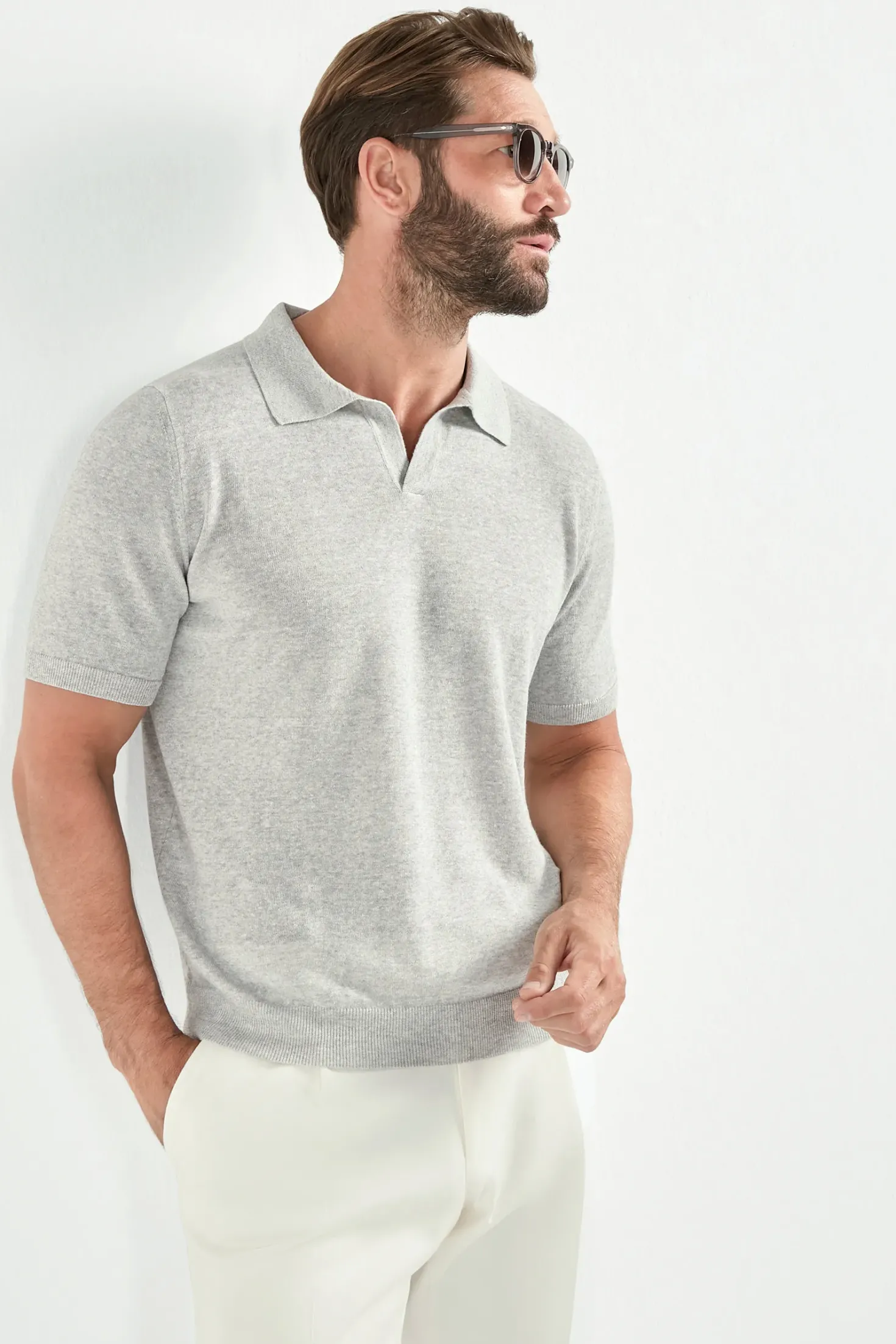 Polo en coton et lin gris clair - Made in Italy