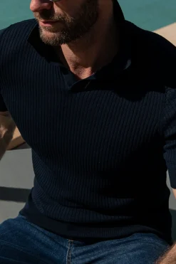 Polo en maille côtelée fine bleu - Made in Italy