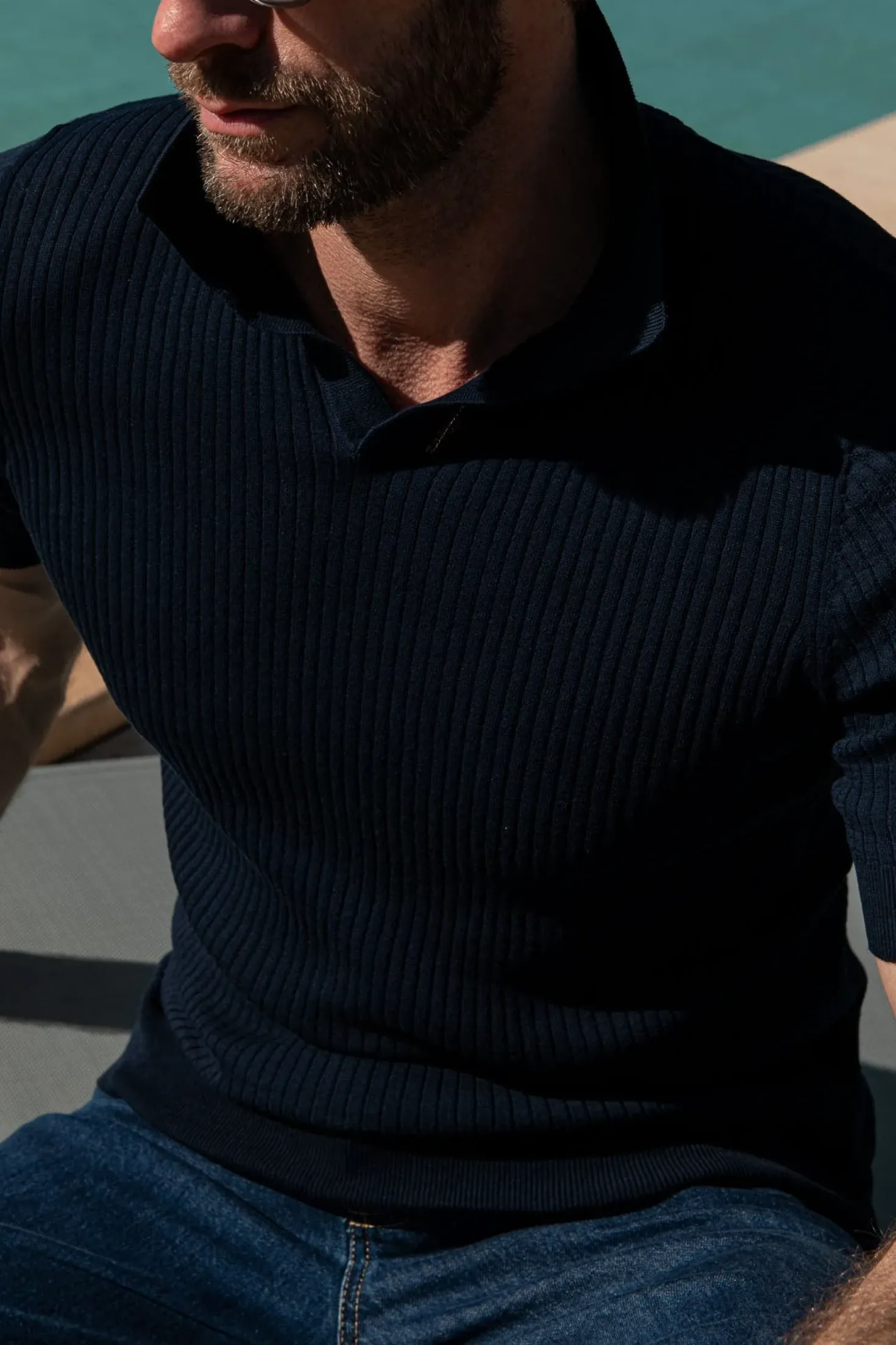 Polo en maille côtelée fine bleu - Made in Italy