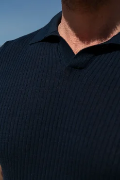 Polo en maille côtelée fine bleu - Made in Italy