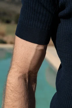 Polo en maille côtelée fine bleu - Made in Italy