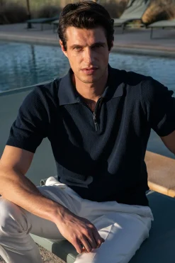 Polo en maille texturée bleu avec zip - Made in Italy