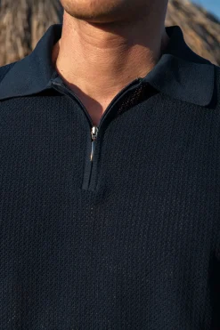 Polo en maille texturée bleu avec zip - Made in Italy