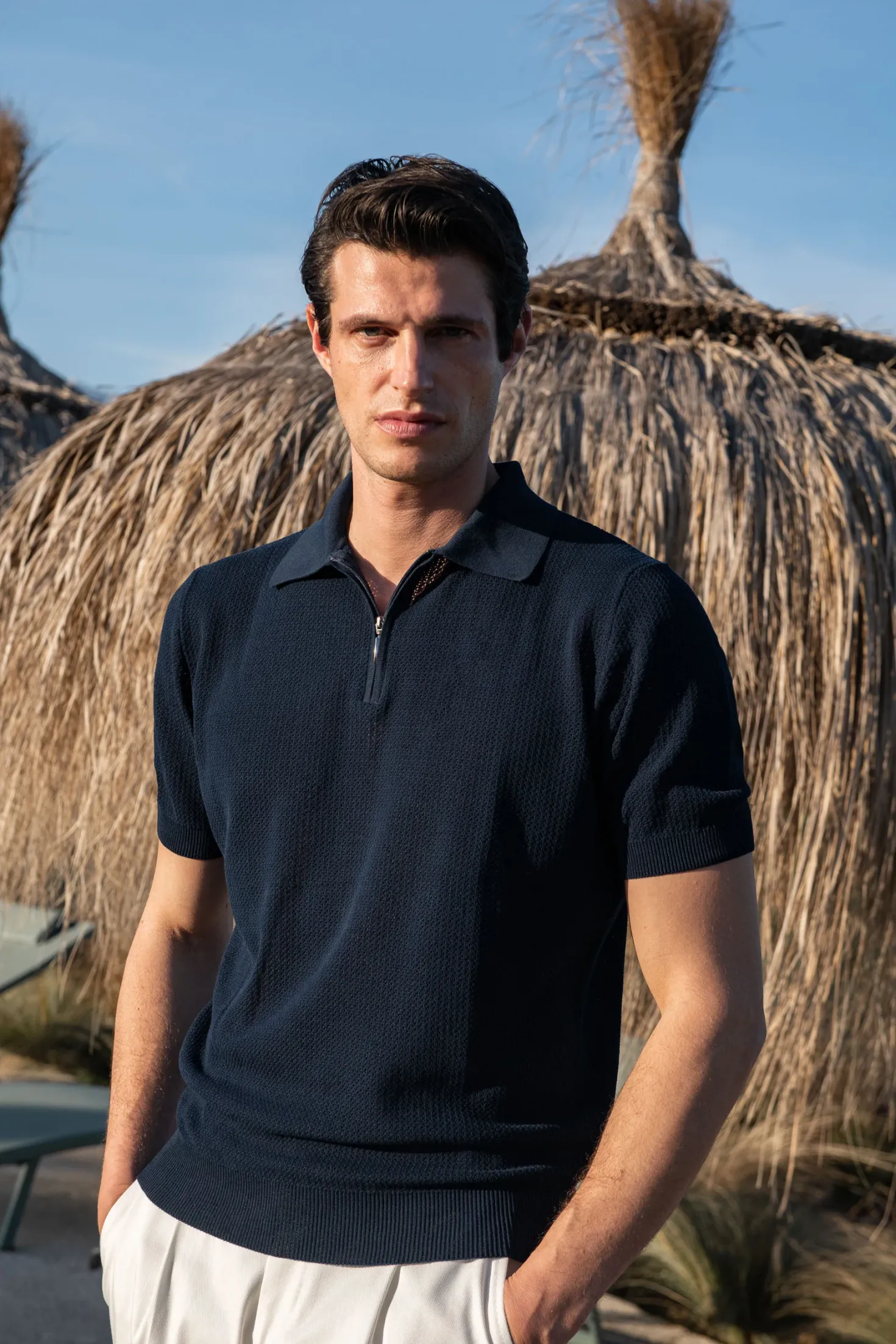 Polo en maille texturée bleu avec zip - Made in Italy