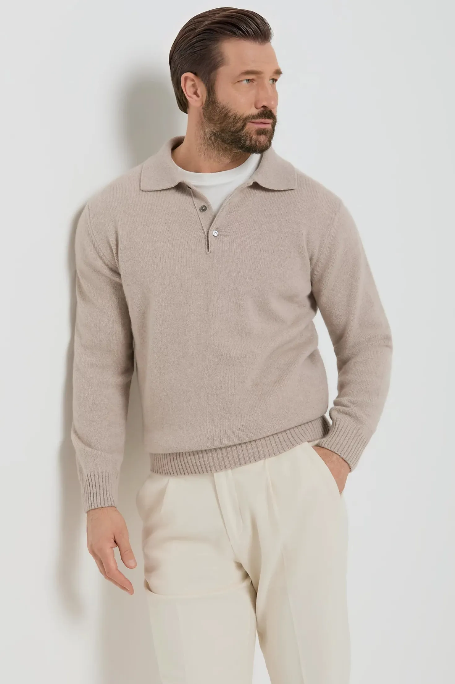 Polo taupe en laine et cachemire - Made in Italy