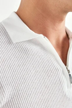 Polo zippé côtelé blanc - Made in Italy