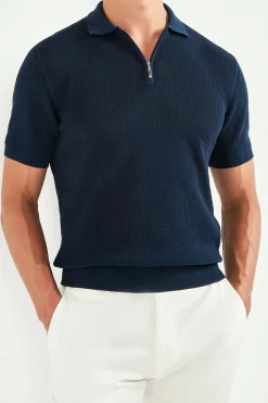 Polo zippé côtelé bleu - Made in Italy