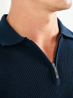 Polo zippé côtelé bleu - Made in Italy