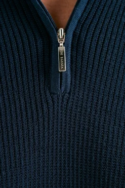Polo zippé côtelé bleu - Made in Italy