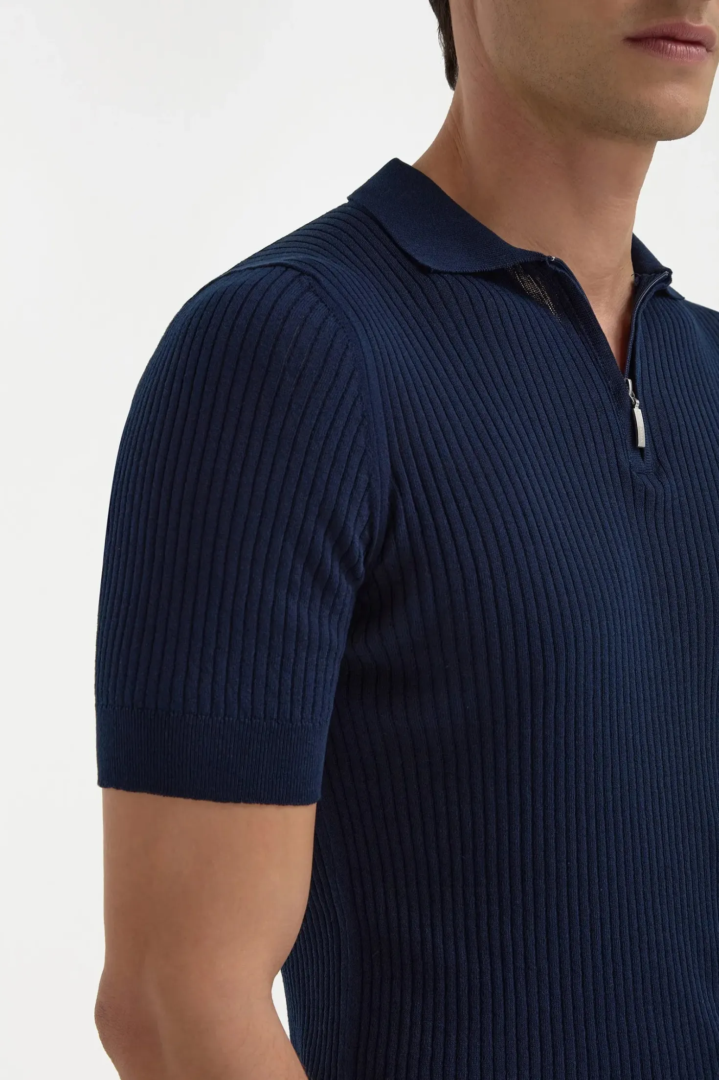 Polo zippé en fines côtes bleu - Made in Italy
