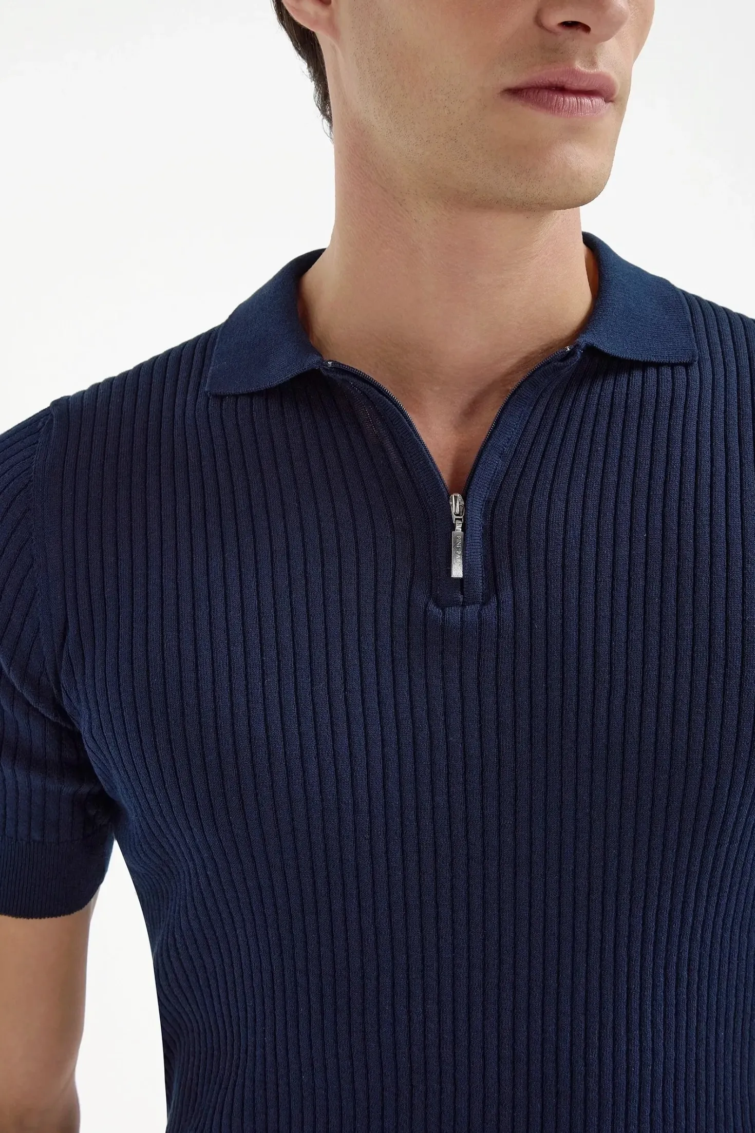 Polo zippé en fines côtes bleu - Made in Italy