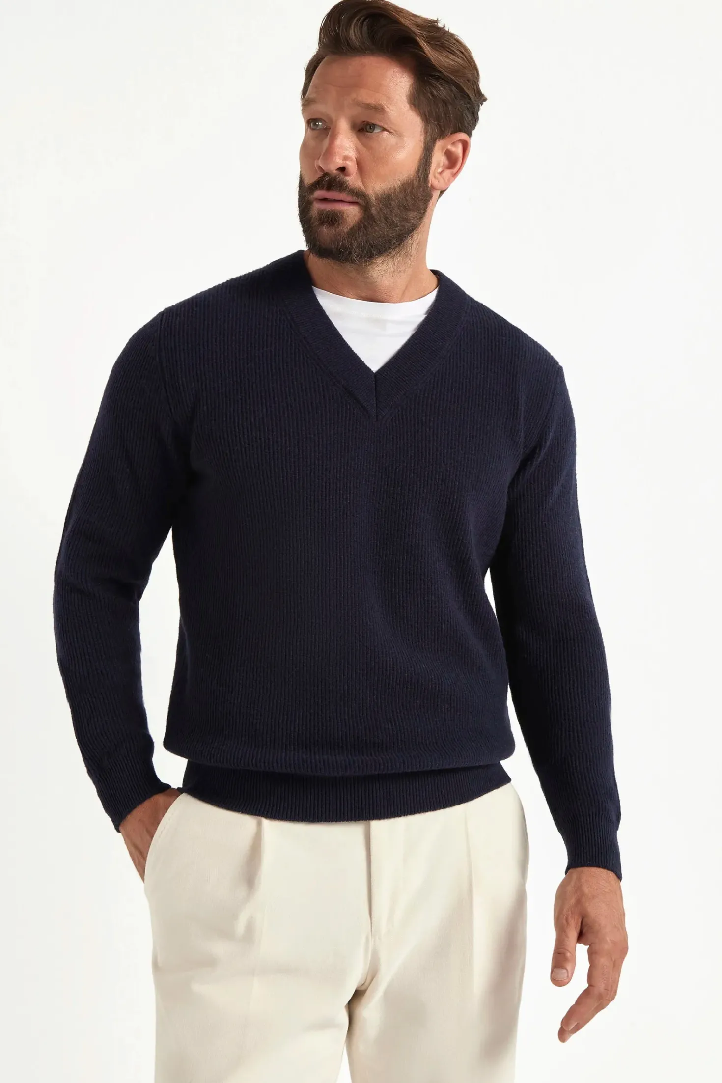 Pull bleu côtelé à col V - Made in Italy