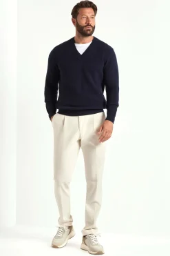 Pull bleu côtelé à col V - Made in Italy