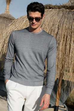 Pull col rond en cachemire ultraléger gris – Made in Italy