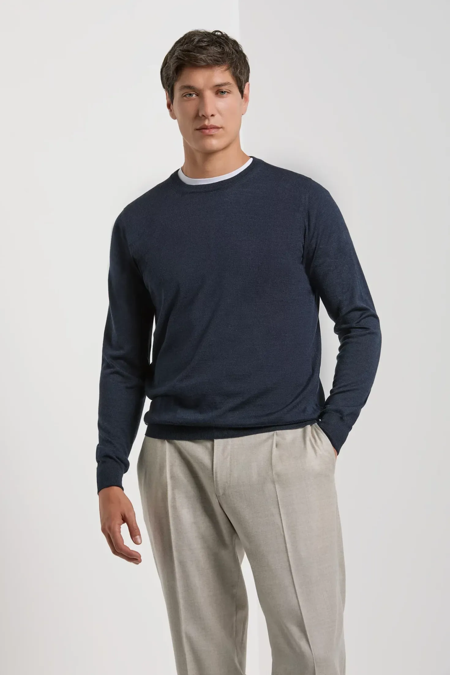 Pull col rond en laine et soie bleu - Made in Italy
