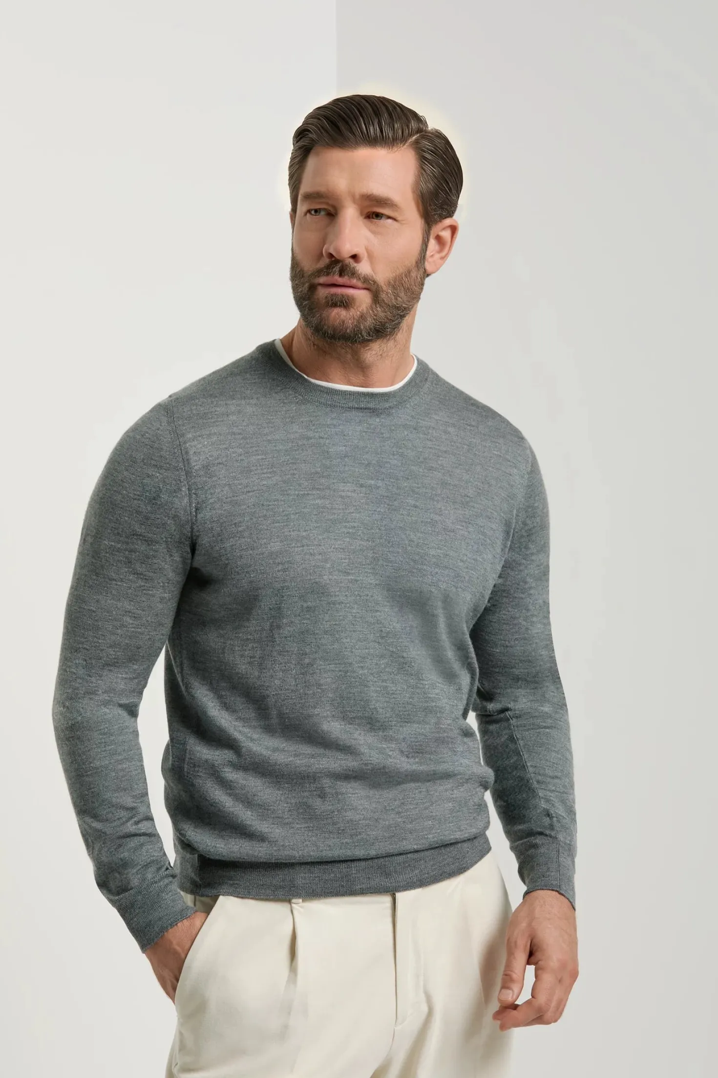Pull col rond en laine et soie gris - Made in Italy