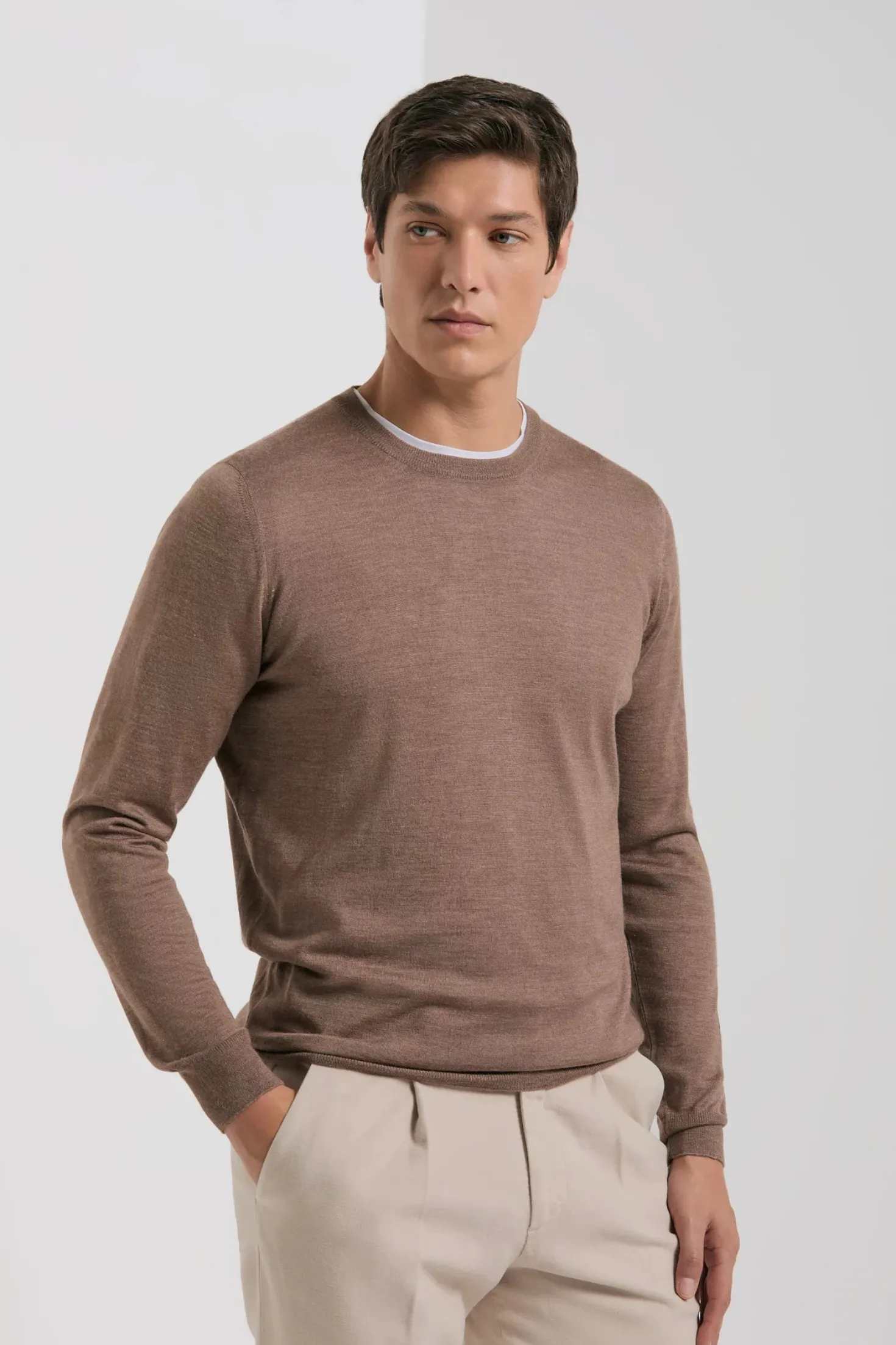 Pull col rond en laine et soie noisette - Made in Italy