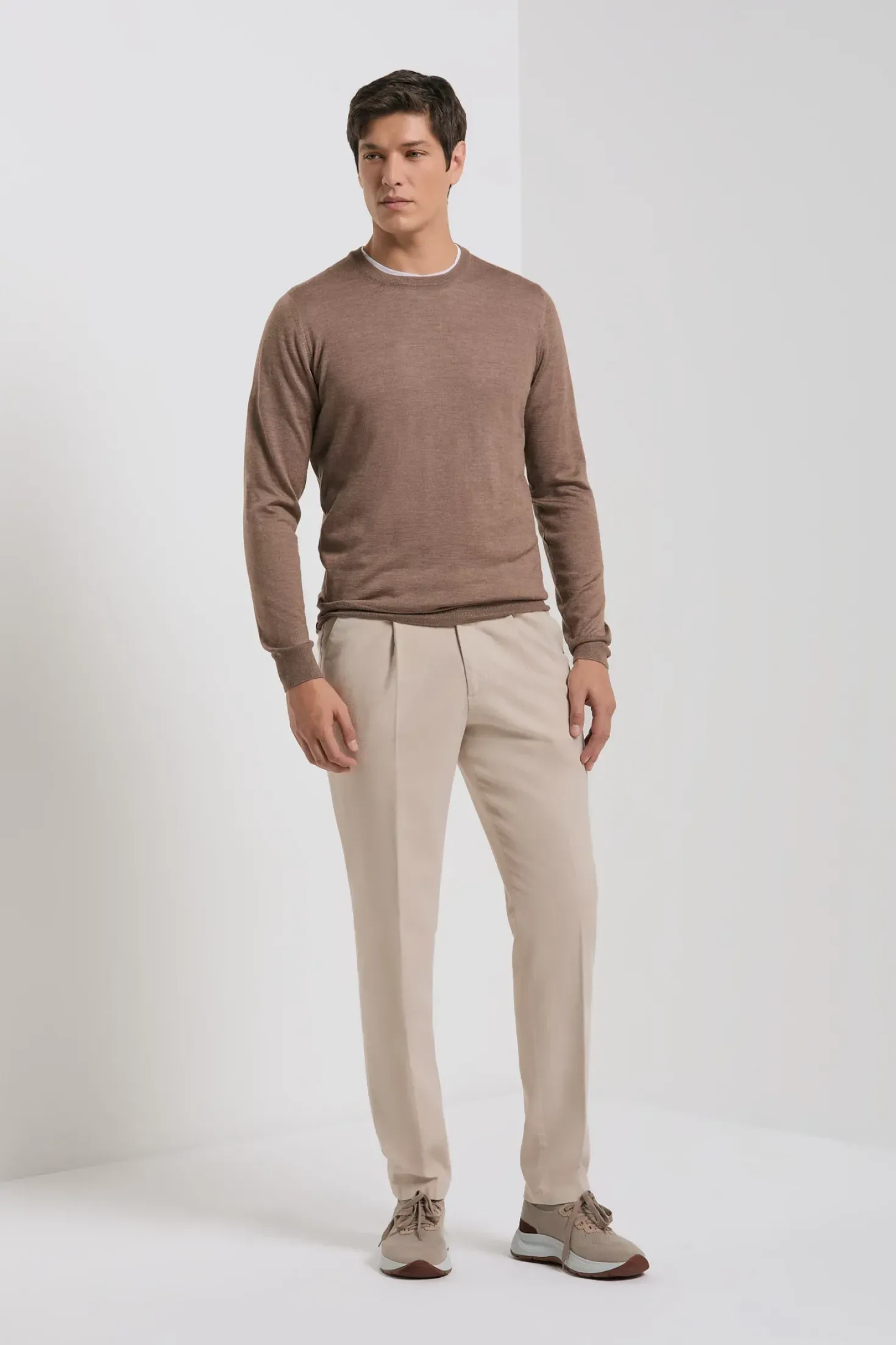 Pull col rond en laine et soie noisette - Made in Italy