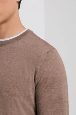 Pull col rond en laine et soie noisette - Made in Italy
