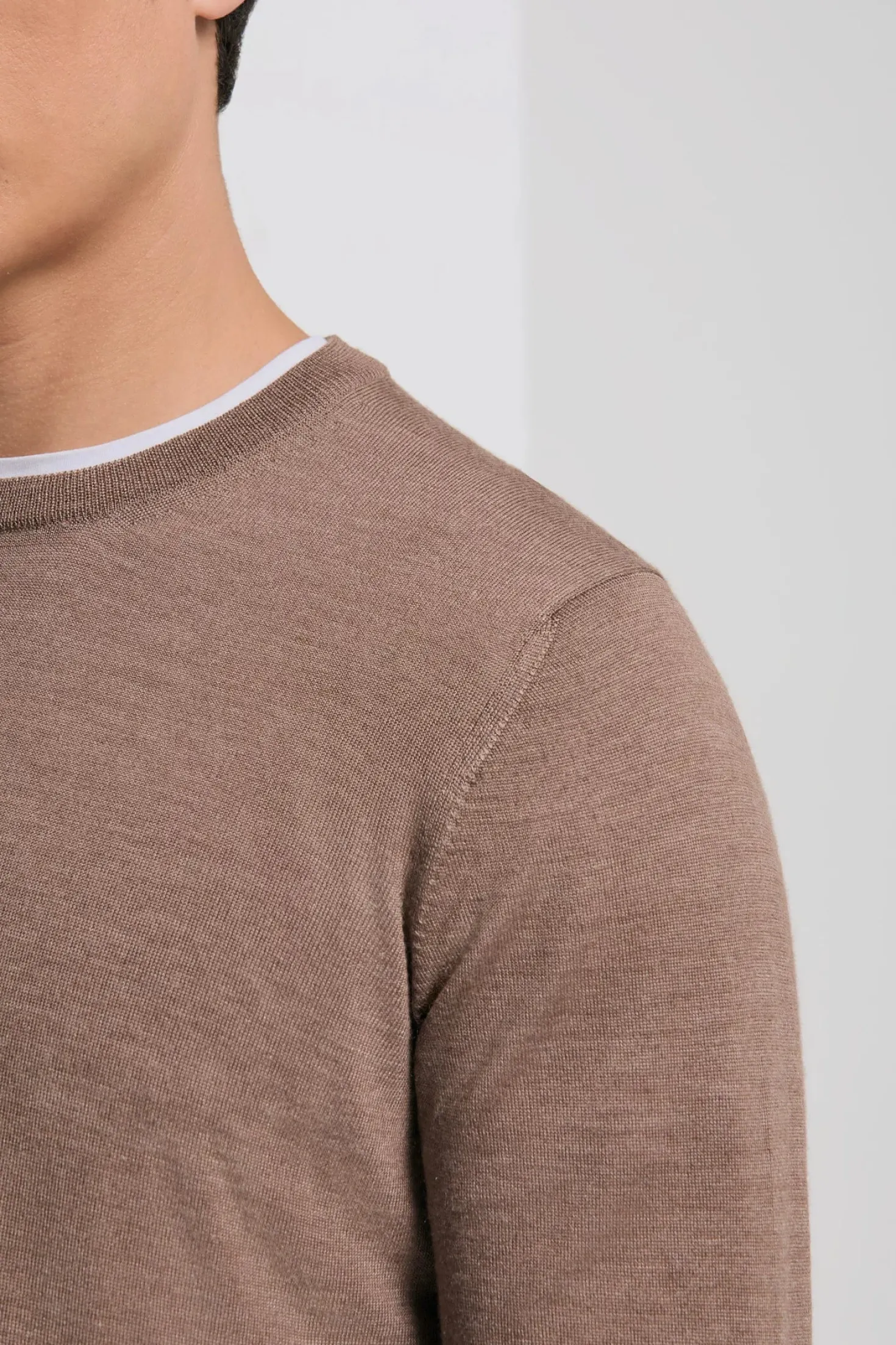 Pull col rond en laine et soie noisette - Made in Italy