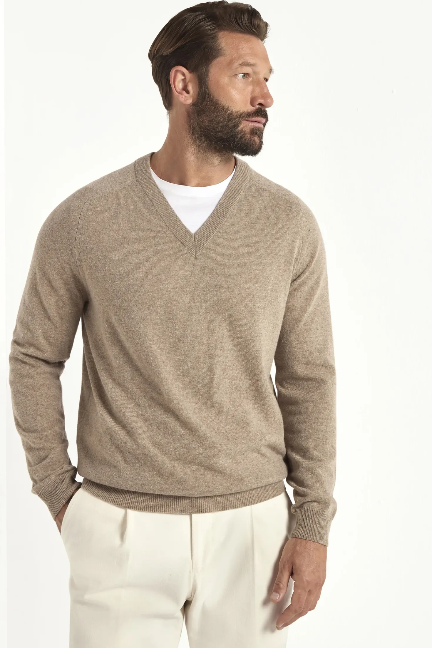 Pull col V taupe - Made in Italy
