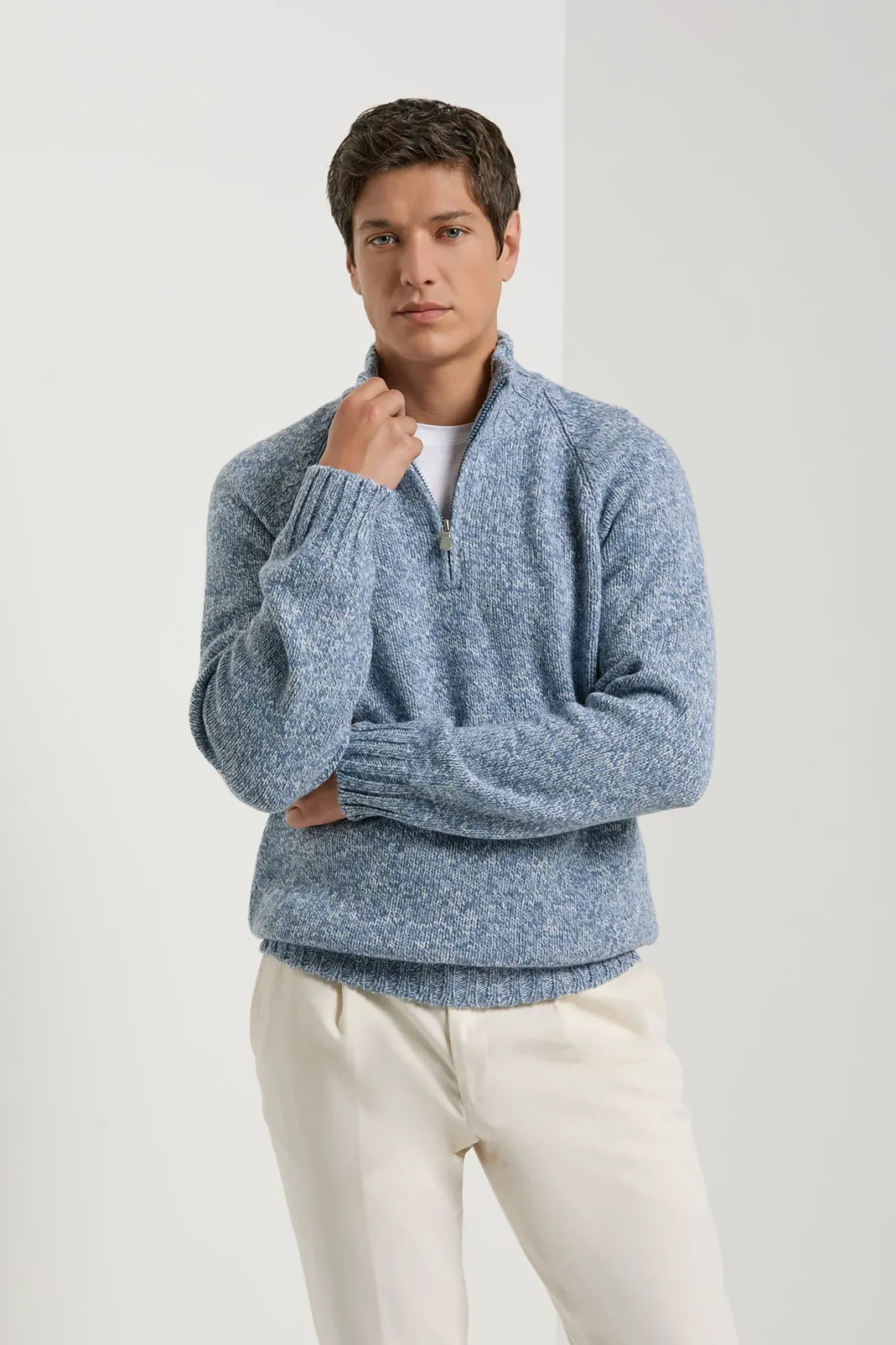 Pull demi-zip mouliné bleu clair - Made in Italy