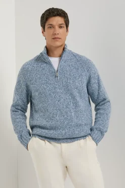 Pull demi-zip mouliné bleu clair - Made in Italy