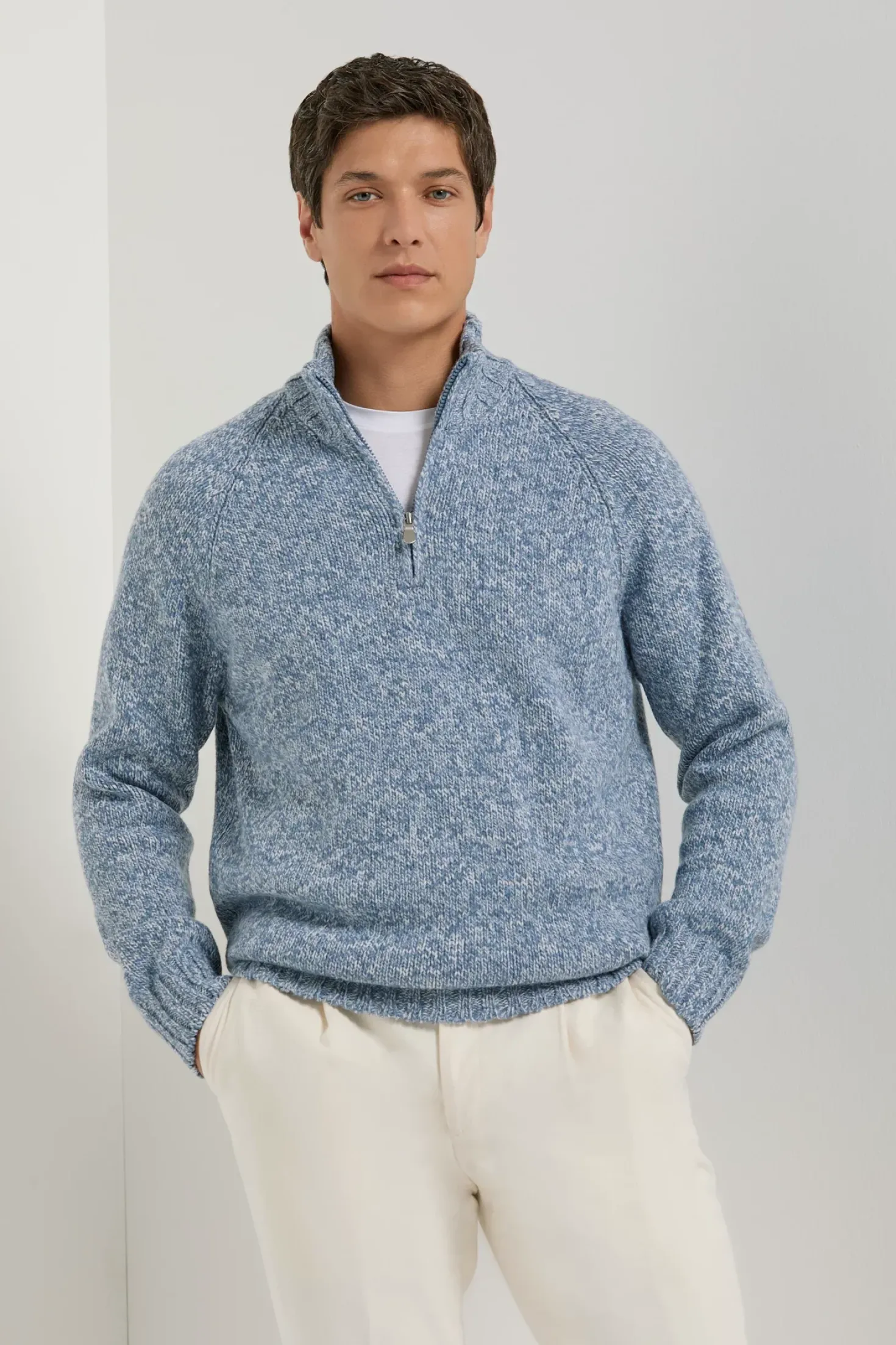 Pull demi-zip mouliné bleu clair - Made in Italy