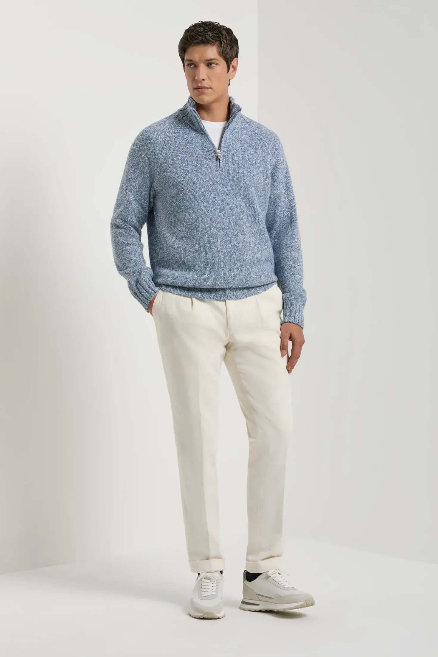Pull demi-zip mouliné bleu clair - Made in Italy