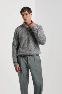 Pull demi-zip mouliné gris clair - Made in Italy