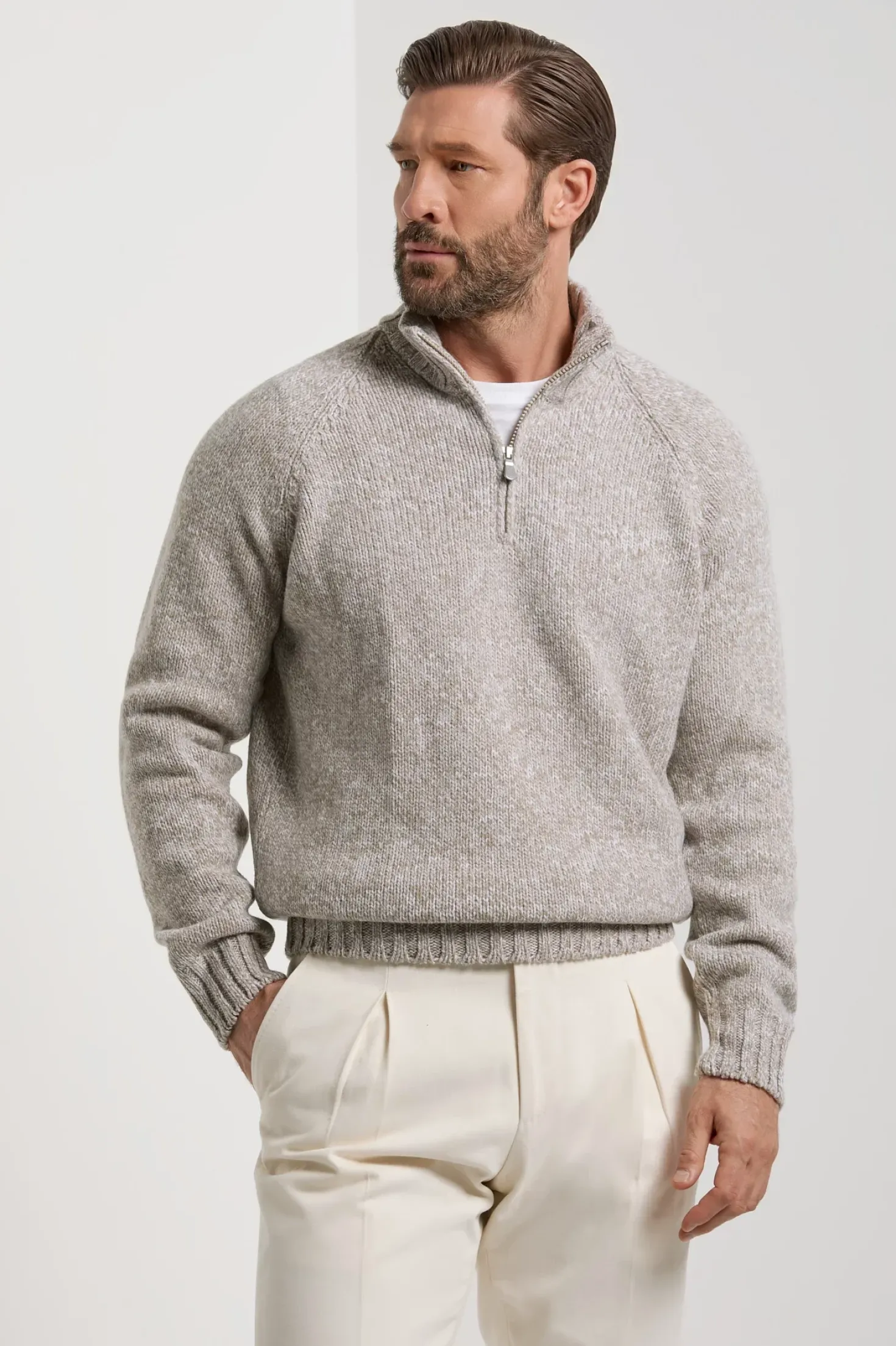Pull demi-zip mouliné taupe - Made in Italy