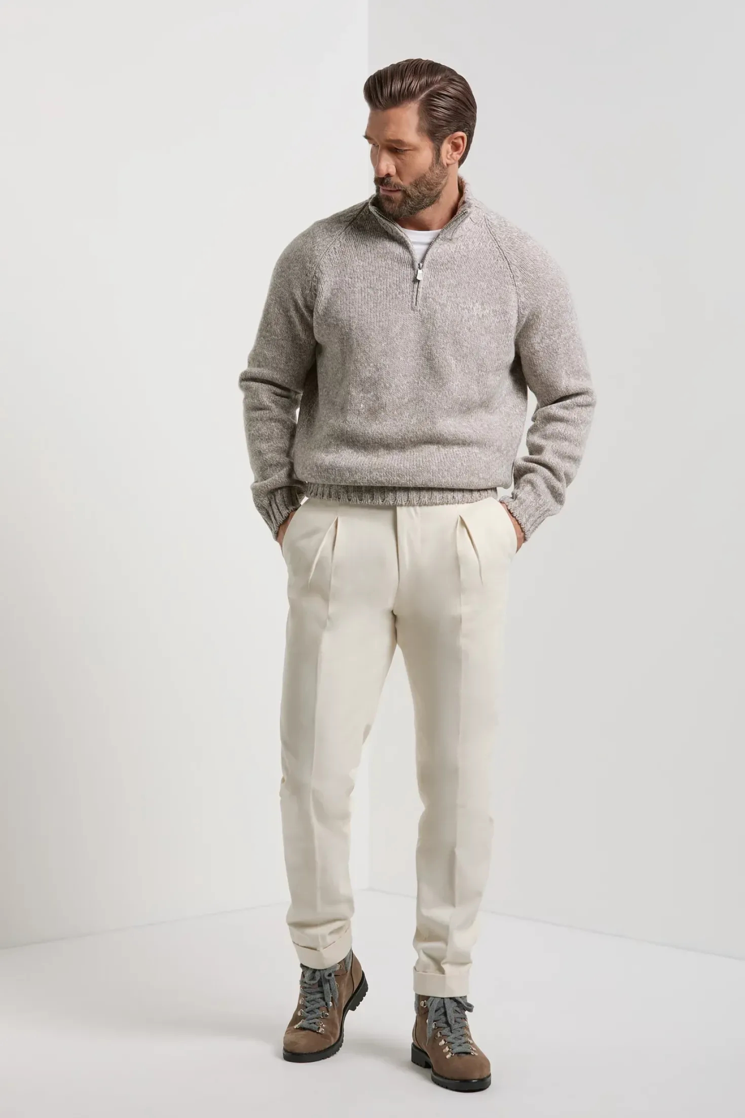 Pull demi-zip mouliné taupe - Made in Italy
