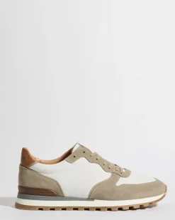 Runners en nubuck et daim taupe et blanc - Made in Italy