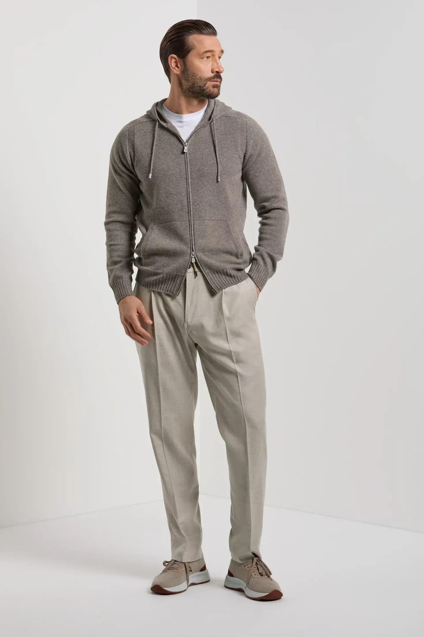 Sweat à capuche en maille taupe - Made in Italy