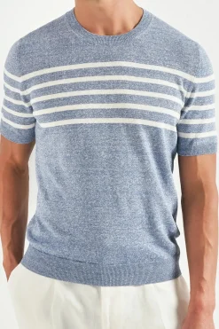 T-shirt Bleu clair à rayures en lin - Made in Italy