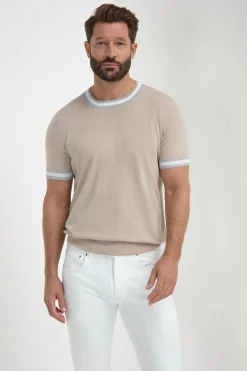 T-shirt en maille beige avec détail de col rayé - Made in Italy