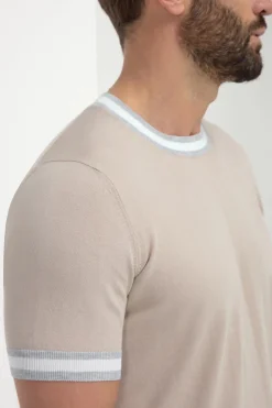 T-shirt en maille beige avec détail de col rayé - Made in Italy