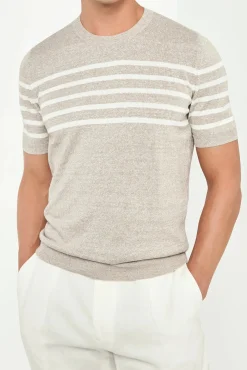 T-shirt taupe à rayures en lin - Made in Italy