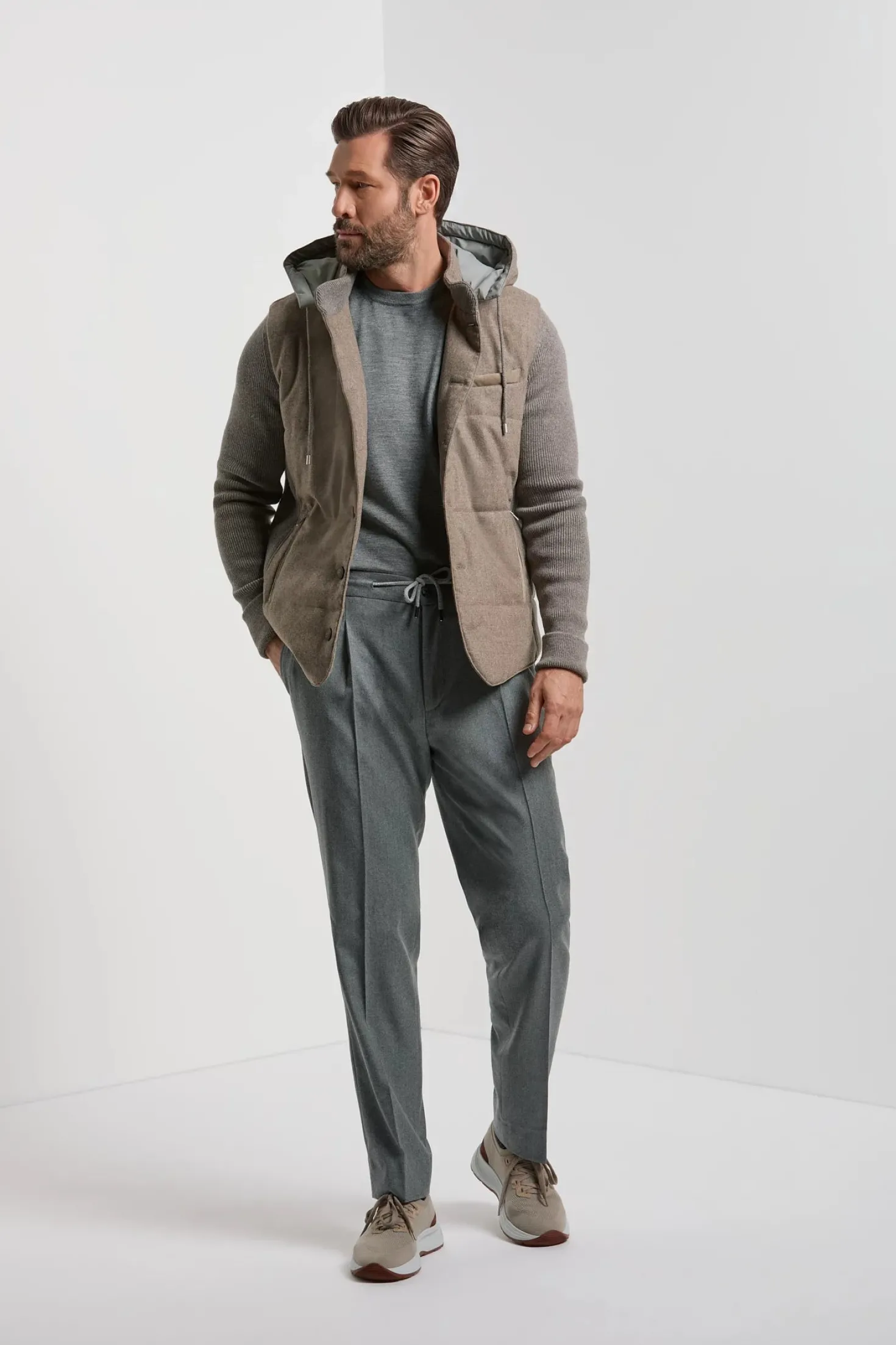 Veste à capuche en flanelle et maille taupe - Made in Italy
