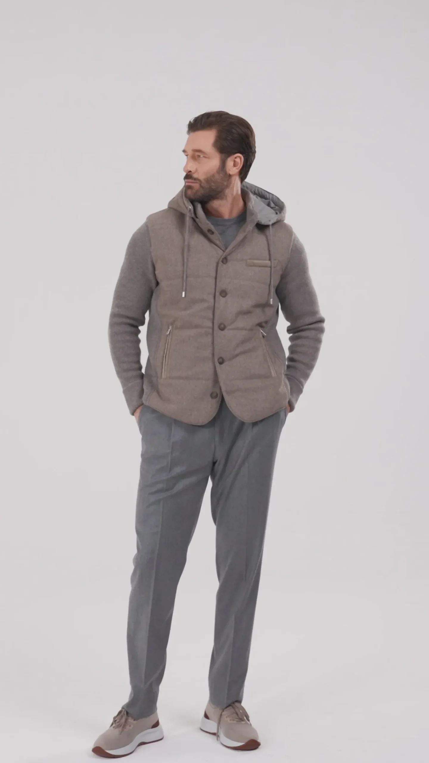 Veste à capuche en flanelle et maille taupe - Made in Italy