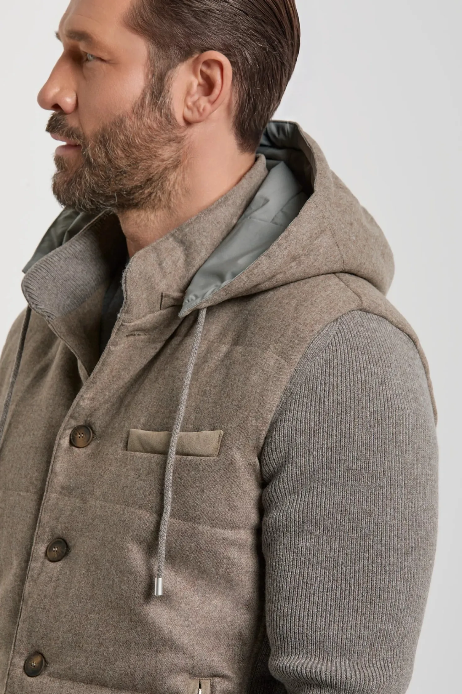Veste à capuche en flanelle et maille taupe - Made in Italy