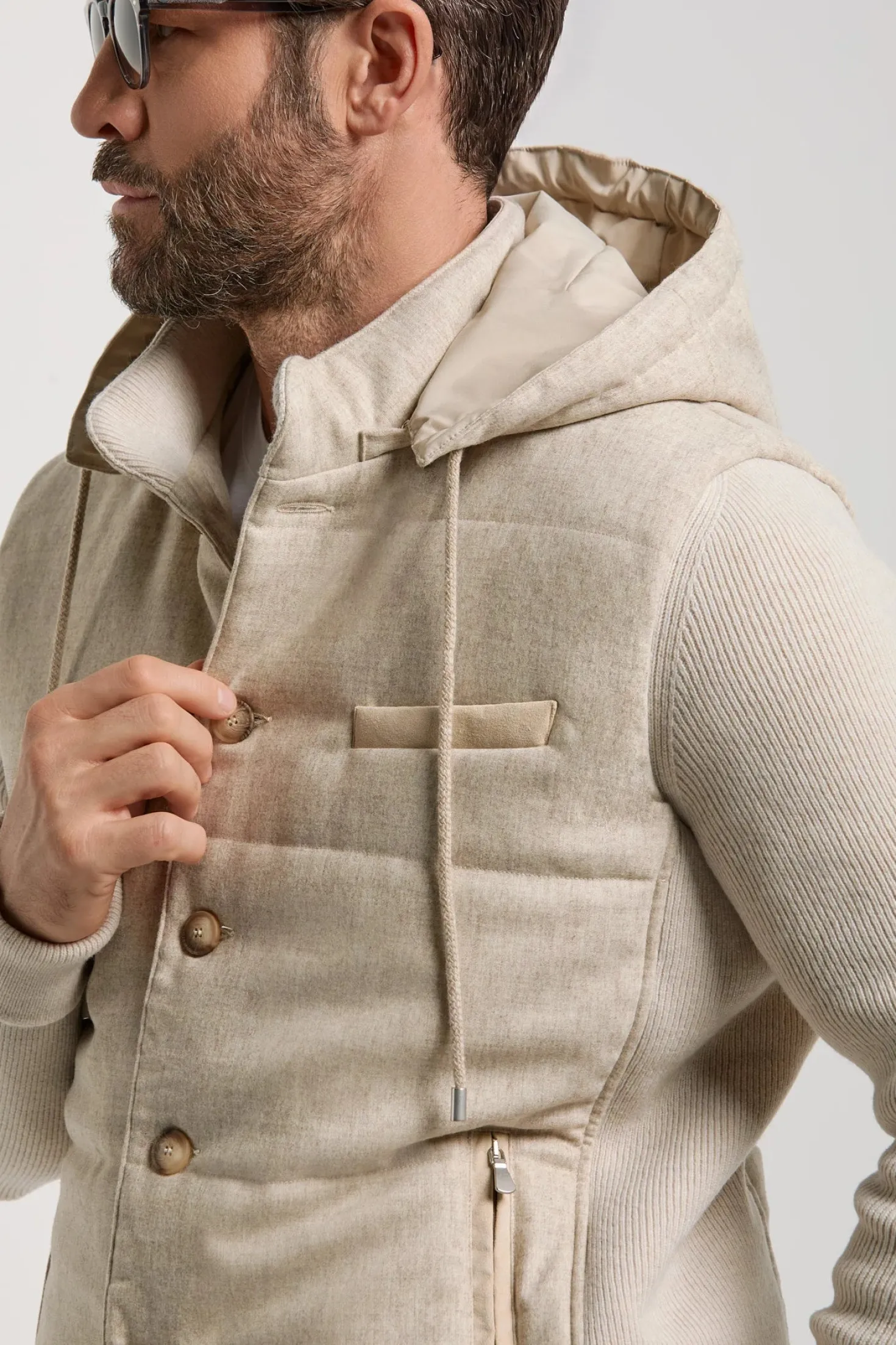Veste à capuche en flanelle et maille sable - Made in Italy