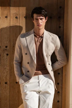 Veste croisée beige en lin, coton et soie - Made in Italy