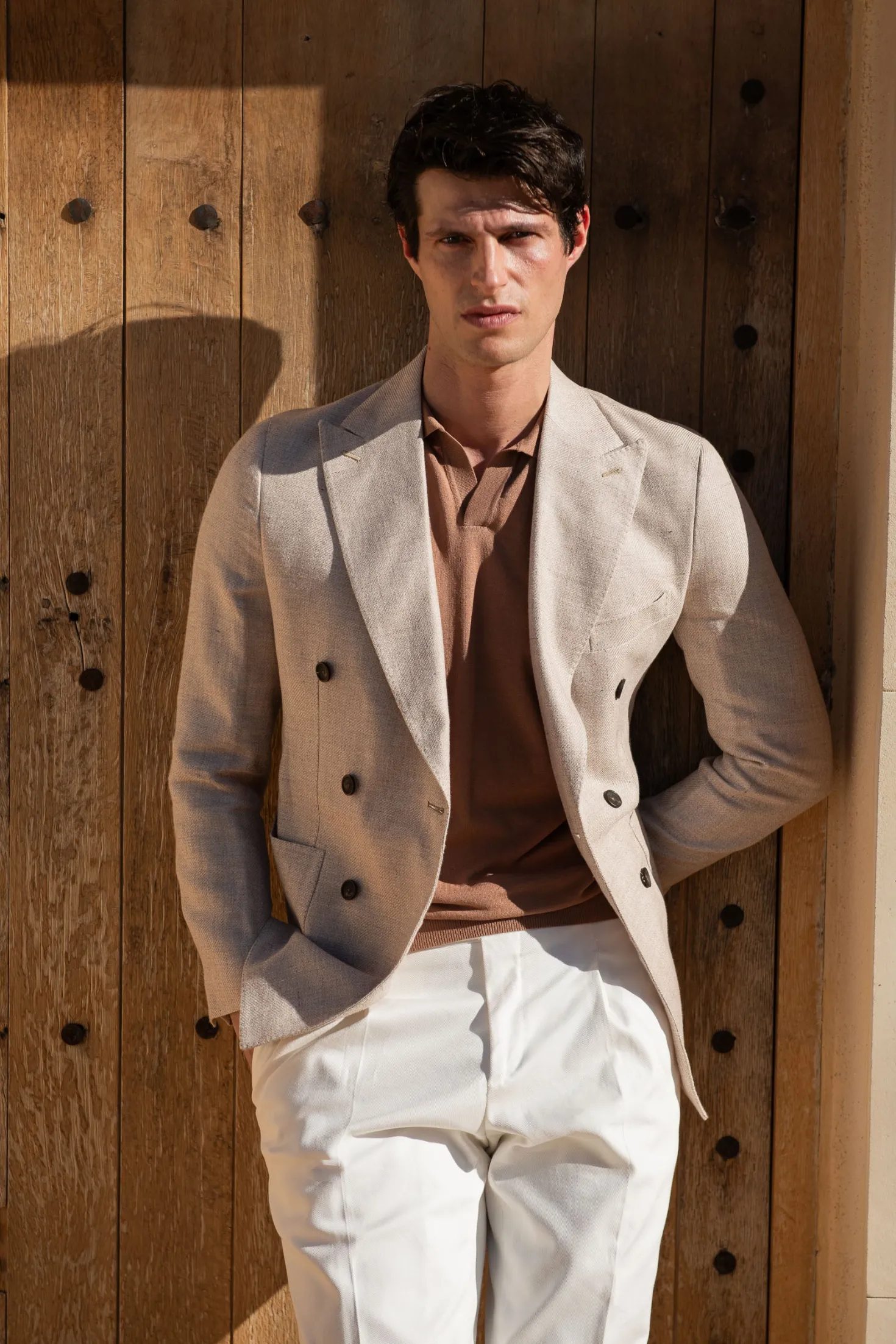 Veste croisée beige en lin, coton et soie - Made in Italy