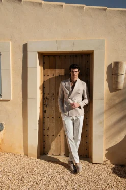 Veste croisée beige en lin, coton et soie - Made in Italy