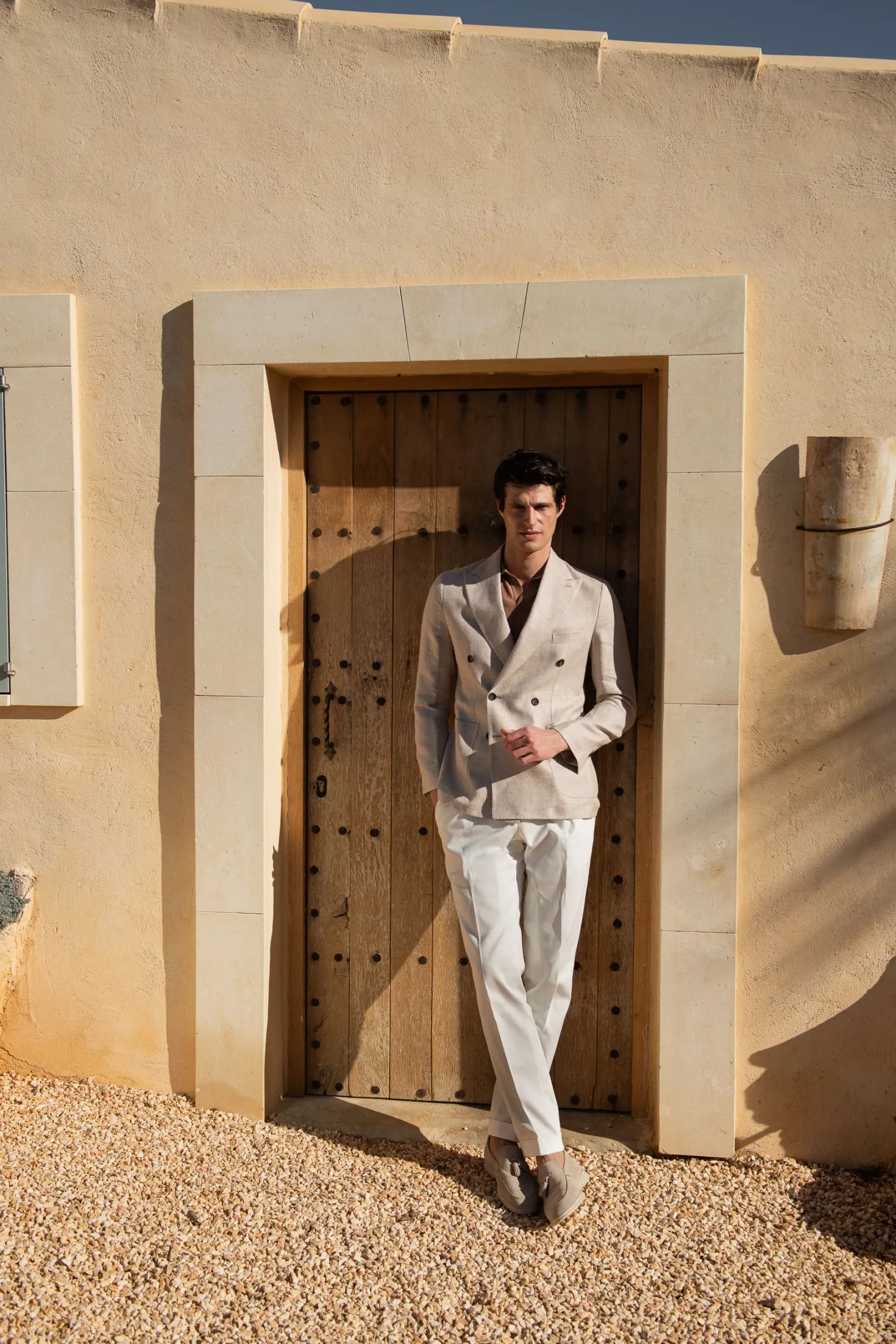 Veste croisée beige en lin, coton et soie - Made in Italy